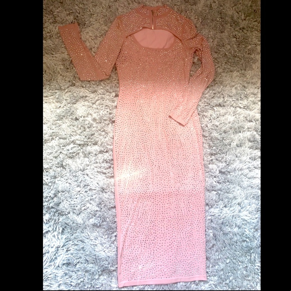 Sliming bodycon rhinestones pink dress